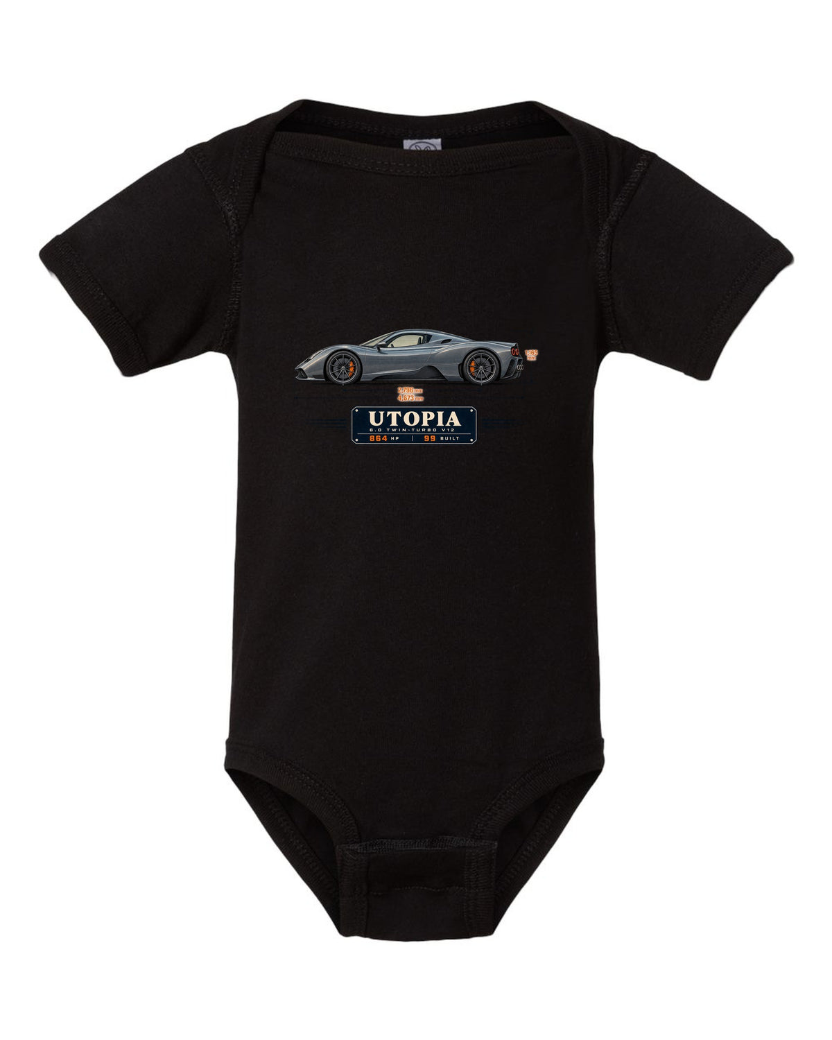 Blueprint print of the Pagani Utopia coupe with the text 6.0 twin-turbo V12, 864 hp, 99 built black baby onesie front view with the design