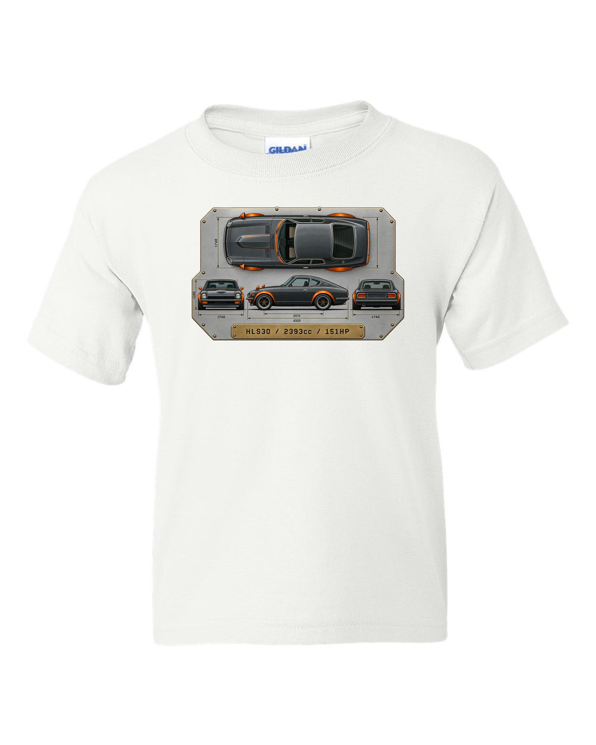 Top-down spec plate print of a Datsun 240Z HLS30 with 2393cc and 151HP white kids tee front view with the design
