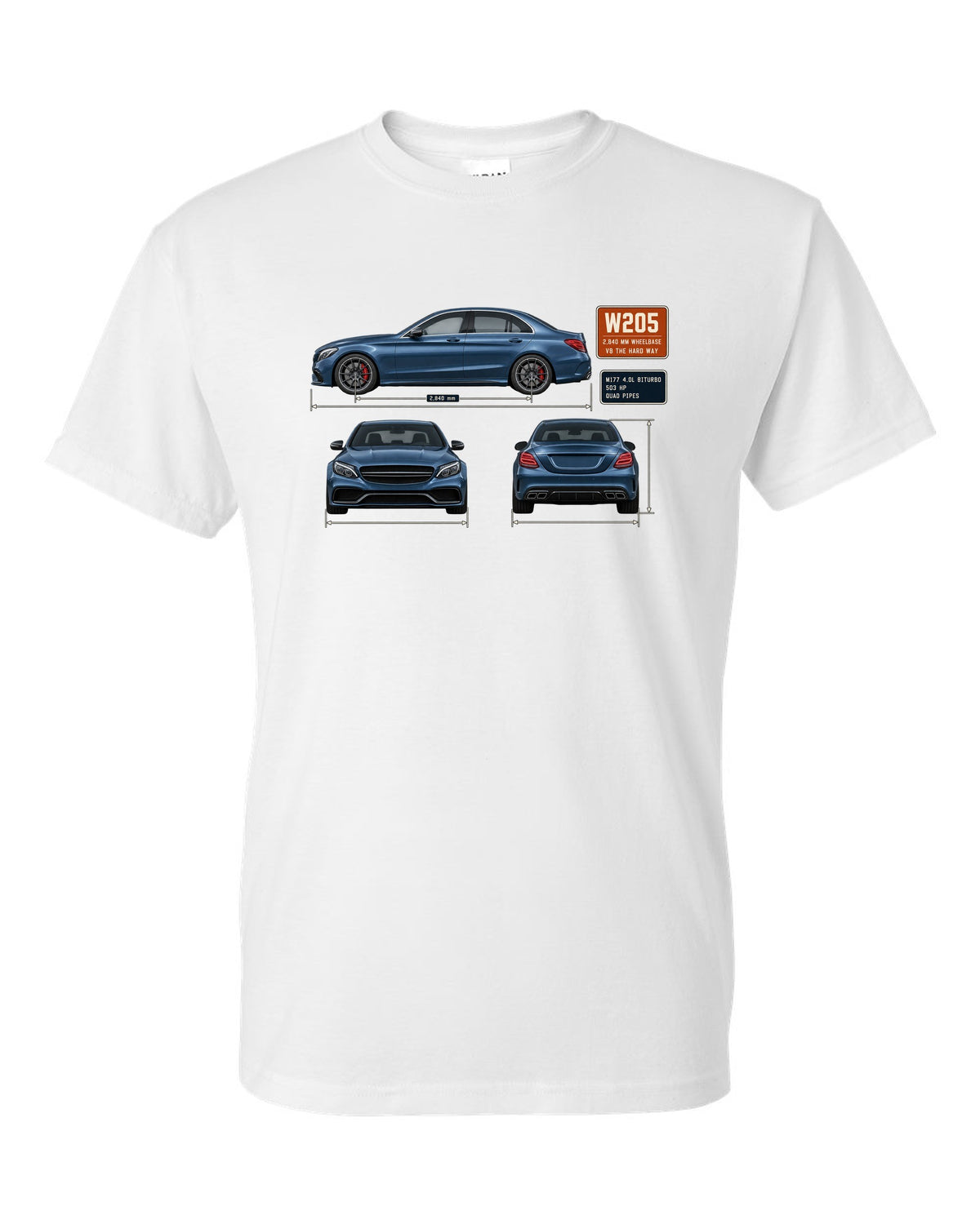 Mercedes-AMG C63 S W205 sedan three-view drawing in steel blue white t-shirt front view with the design
