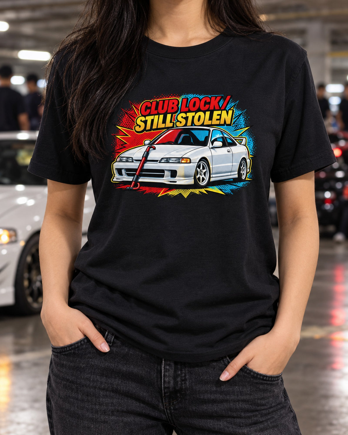 Honda Integra DC2 Pop-Art Split Tee, Club Lock Still Stolen T-Shirt Black worn hero