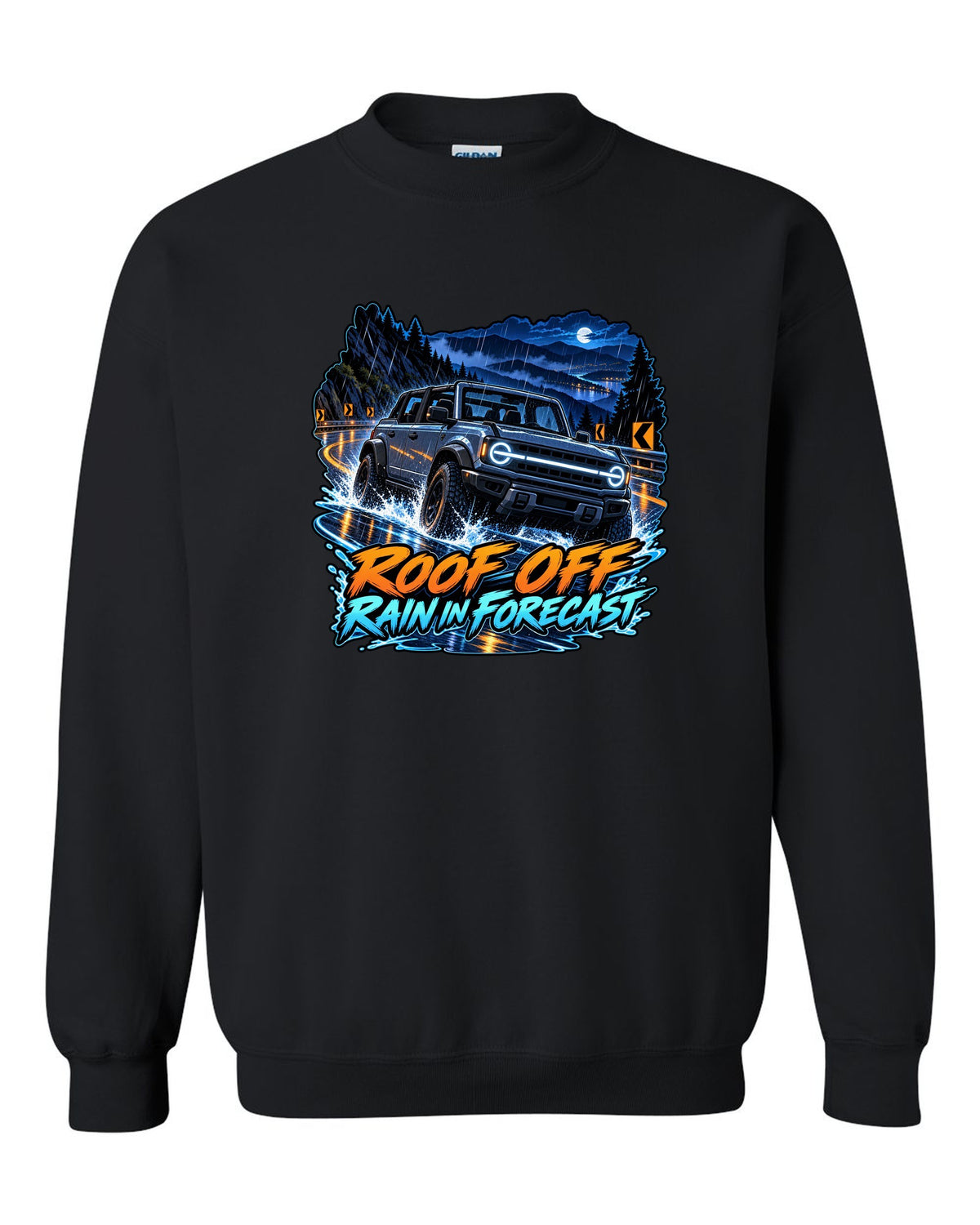 Cel-shaded anime night garage print of a 2021 Ford Bronco 4-door 6G with roof off black crewneck front view with the design