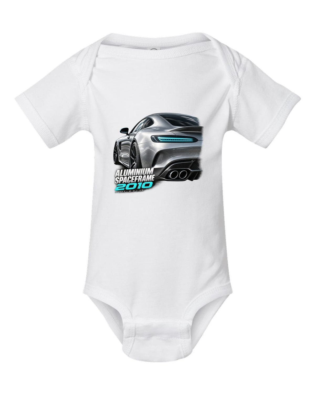 Taillight macro print of a Mercedes SLS AMG C197 with Aluminium Spaceframe 2010 lettering white baby onesie front view with the design