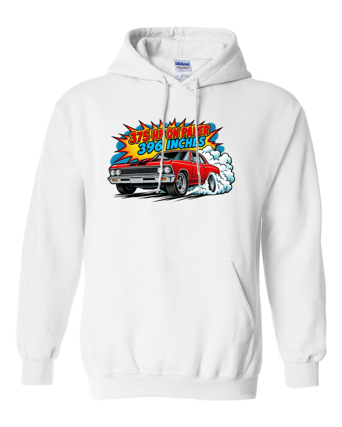 Comic halftone print of a 1966 Chevelle Malibu SS burnout with the text 375 HP on paper, 396 inches white pull over hoodie front view with the design