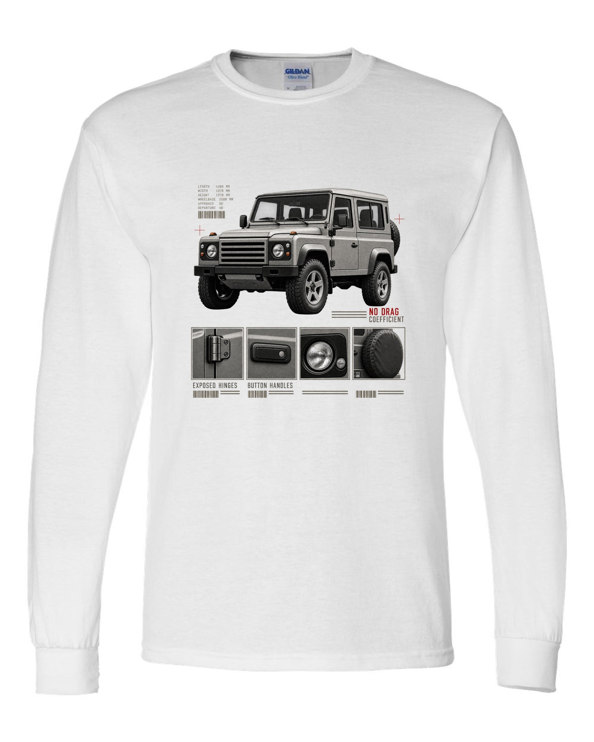 Dossier panel print of a Mercedes G-Class W463 listing exposed hinges and button handles white long sleeve front view with the design