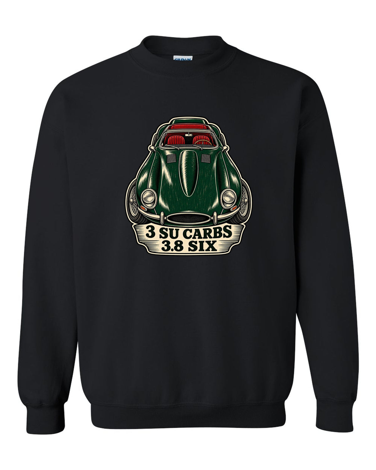 Jaguar E-Type Series 1 long bonnet woodcut with 3 SU CARBS 3.8 SIX lettering black crewneck front view with the design