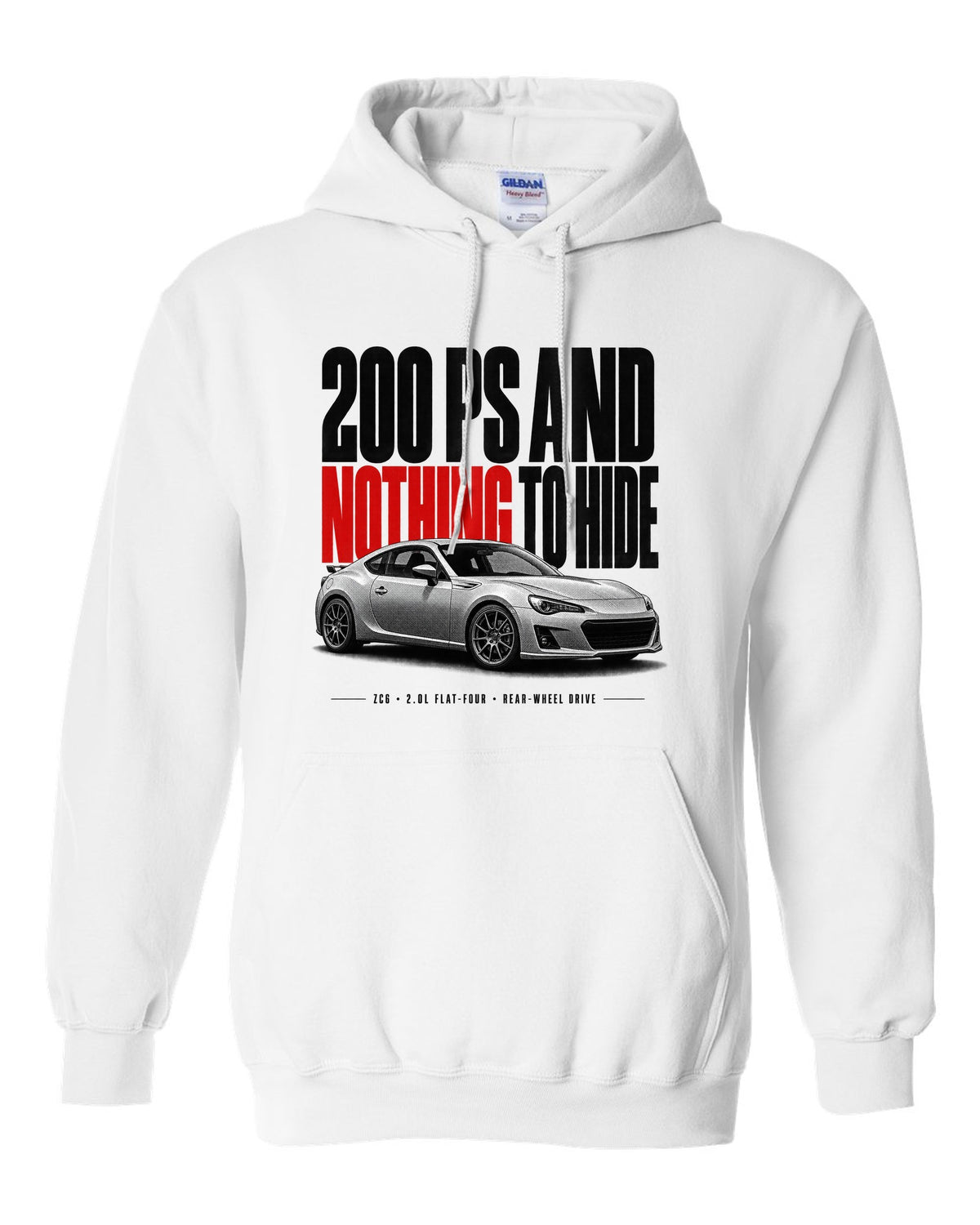 Halftone print for the Subaru BRZ ZC6 tS reading 200 PS and nothing to hide, 2.0L flat-four, rear-wheel drive white pull over hoodie front view with the design