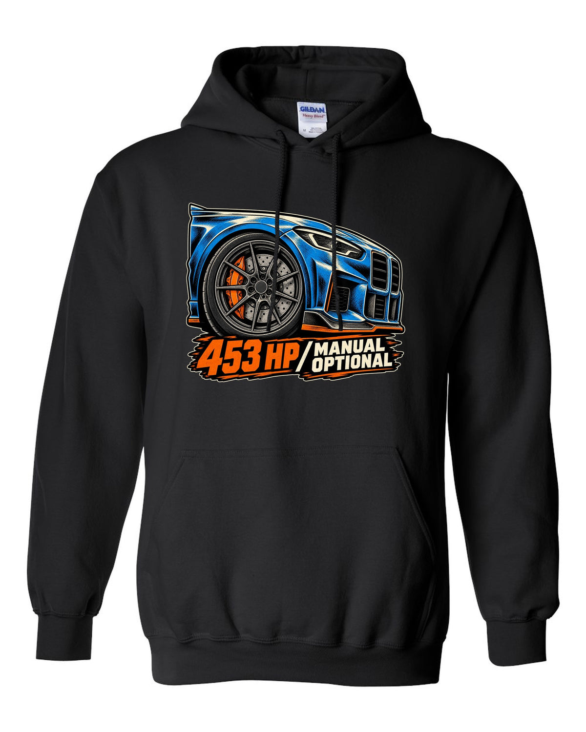 Embroidery-style shield crest print of a BMW M2 F87 with chargepipe fund text black pull over hoodie front view with the design