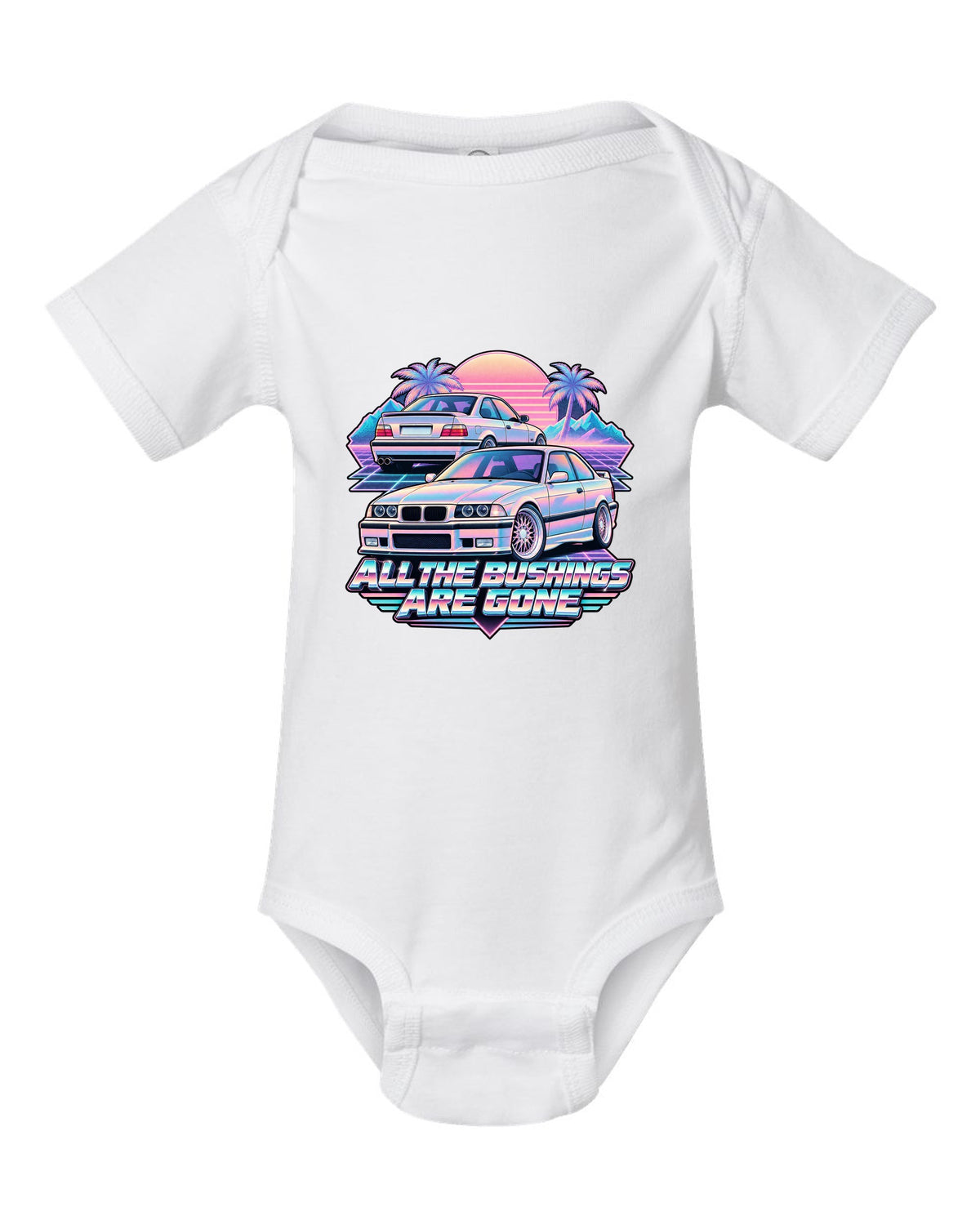 Vaporwave print of a BMW E36 M3 taillight with all the bushings are gone text white baby onesie front view with the design