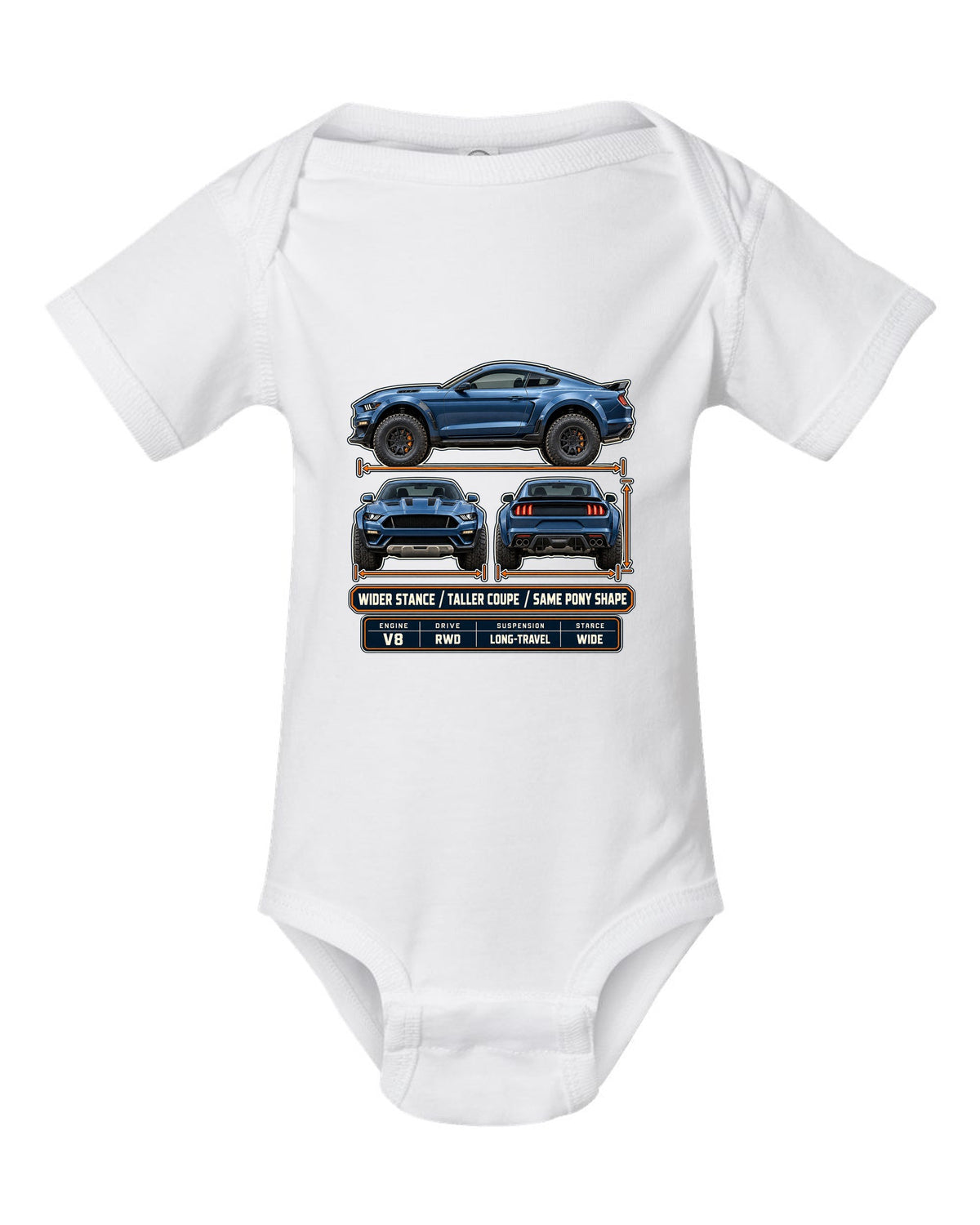 print of a Mustang Raptor concept three-view drawing with spec table and pony shape text white baby onesie front view with the design