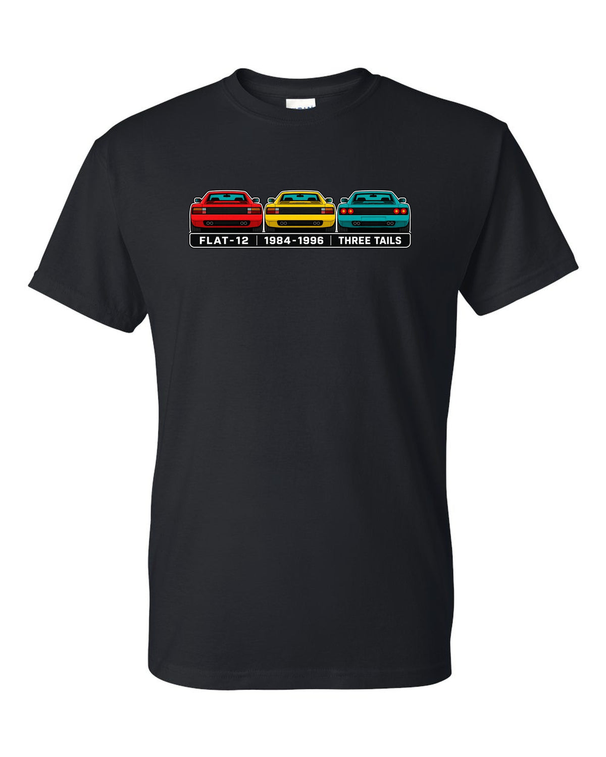 Flat colour infographic of Ferrari Testarossa, 512 TR and F512 M tail ends black t-shirt front view with the design