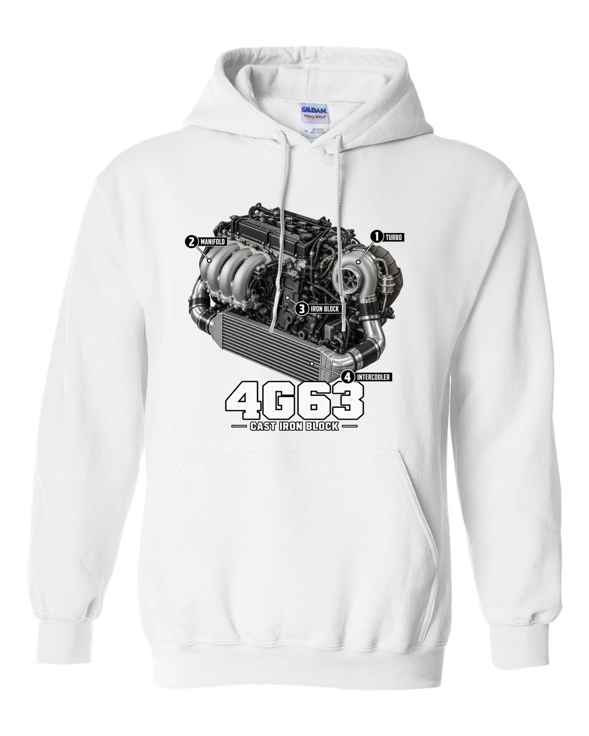 Engine diagram print for the Mitsubishi Lancer Evolution VI CP9A showing a 4G63 with turbo, manifold, iron block and intercooler callouts white pull over hoodie front view with the design