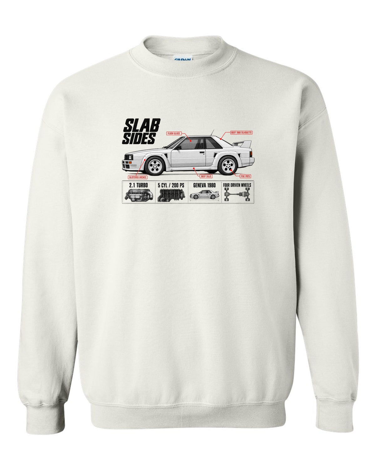 Audi Ur-Quattro Type 85 Slab Sides Spec Poster white crewneck front view with the design