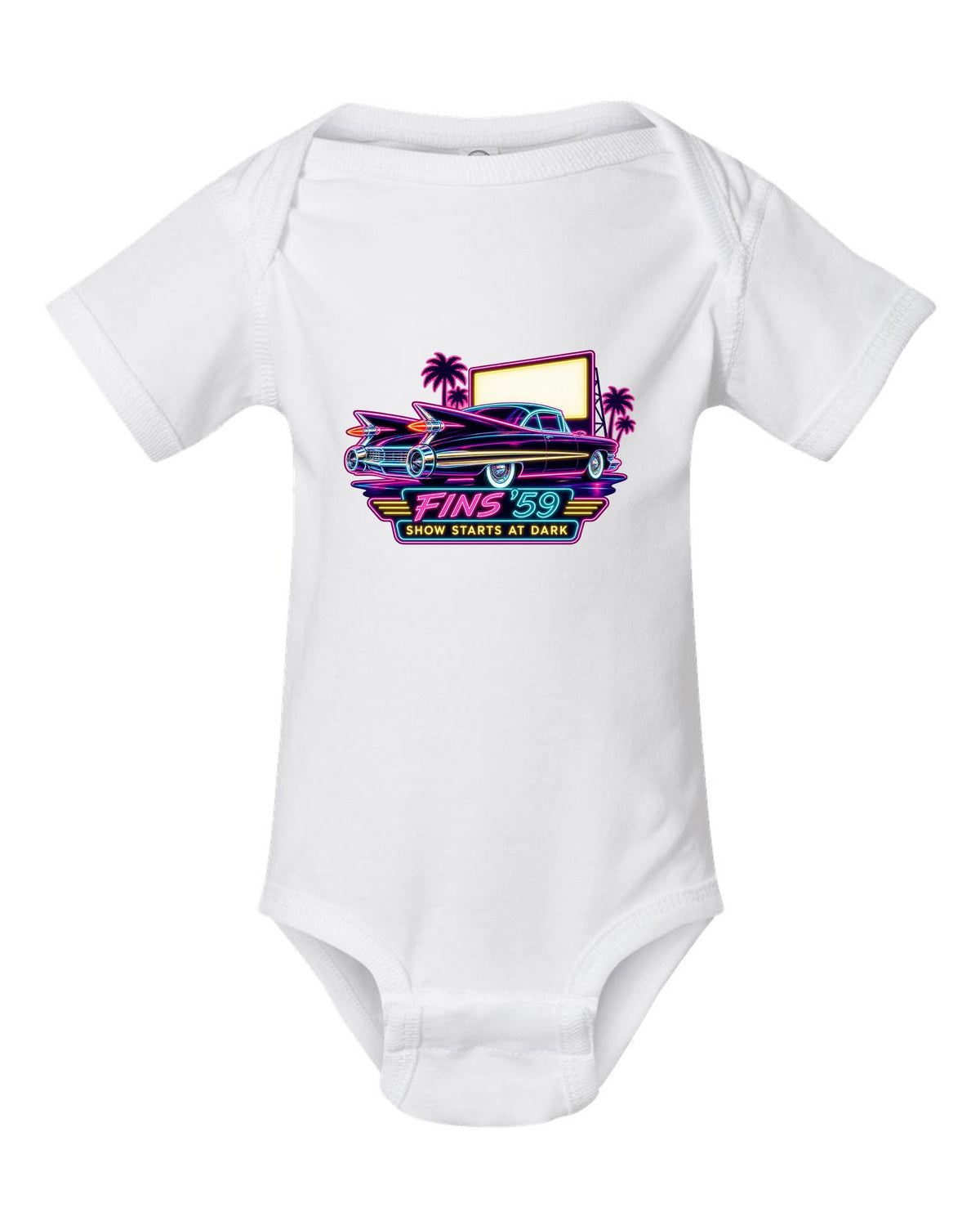 1959 Cadillac Coupe de Ville under neon sign glow at a night drive-in white baby onesie front view with the design
