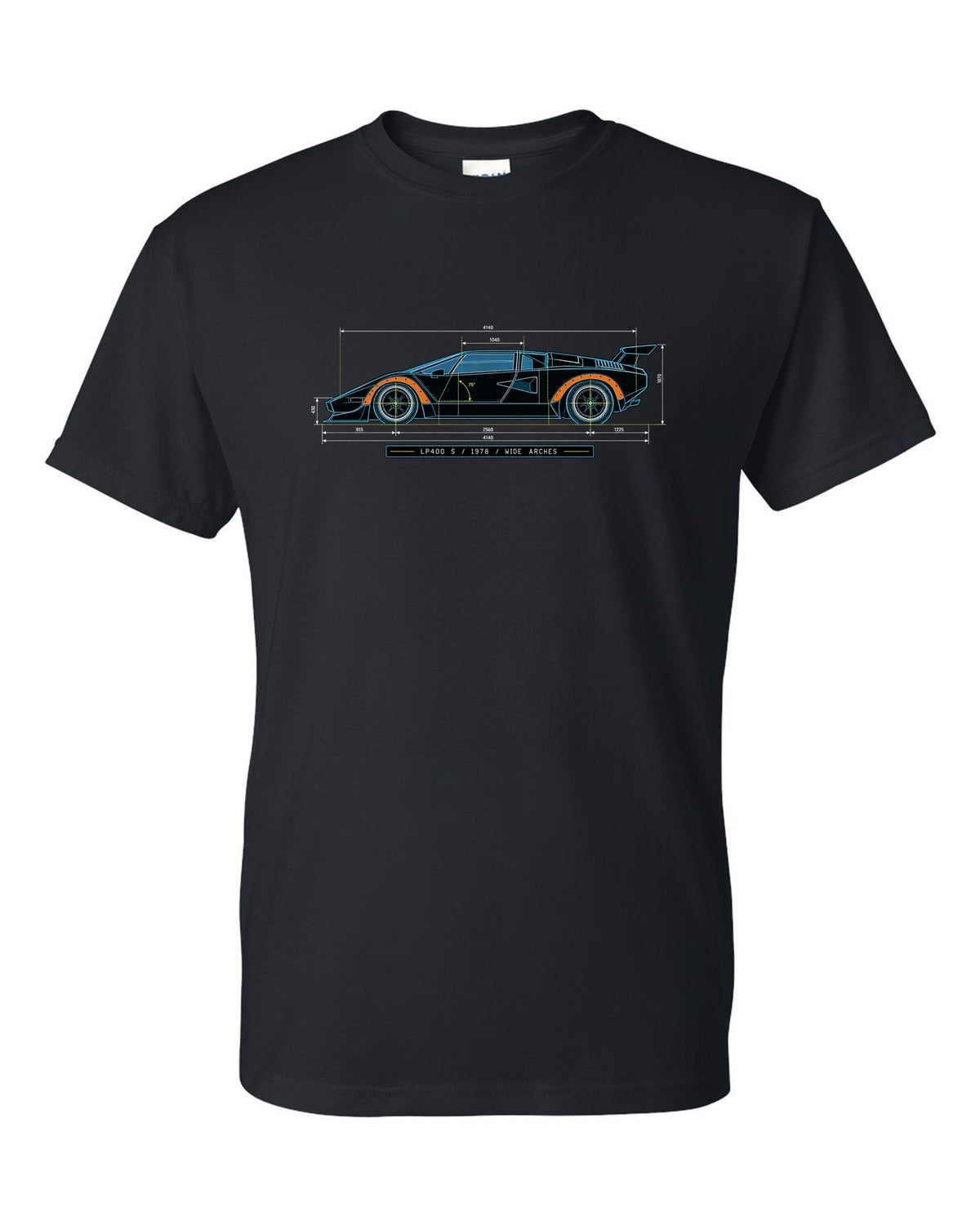 Blueprint patent line art of a Lamborghini Countach LP400 S 1978 with wide arches text black t-shirt front view with the design