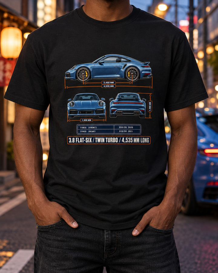 Porsche 992 Turbo S Dimension Blueprint Shirt, Twin-Turbo Tee T-Shirt Black worn hero