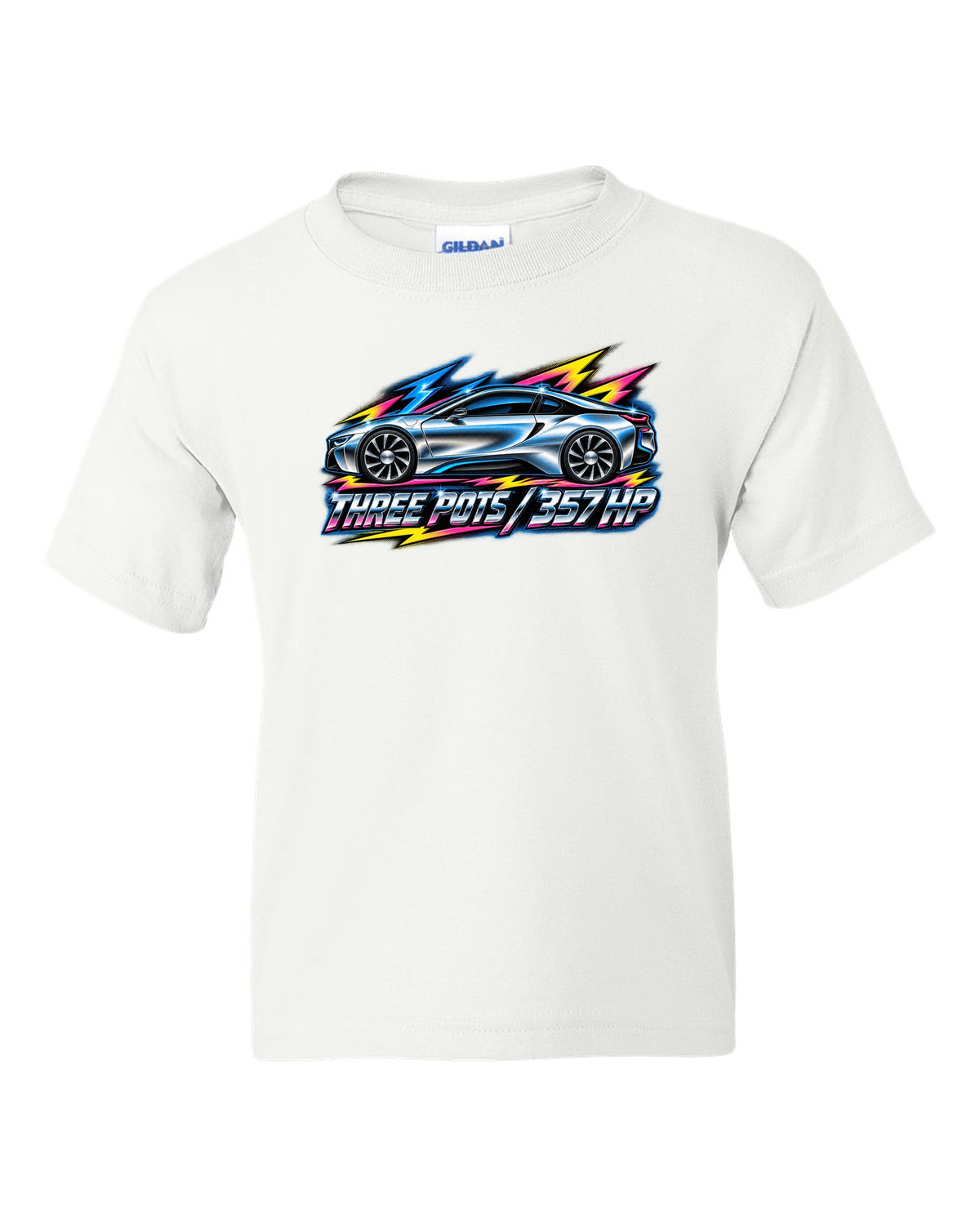 BMW i8 I12 80s airbrush chrome print with three pots 357 HP text white kids tee front view with the design