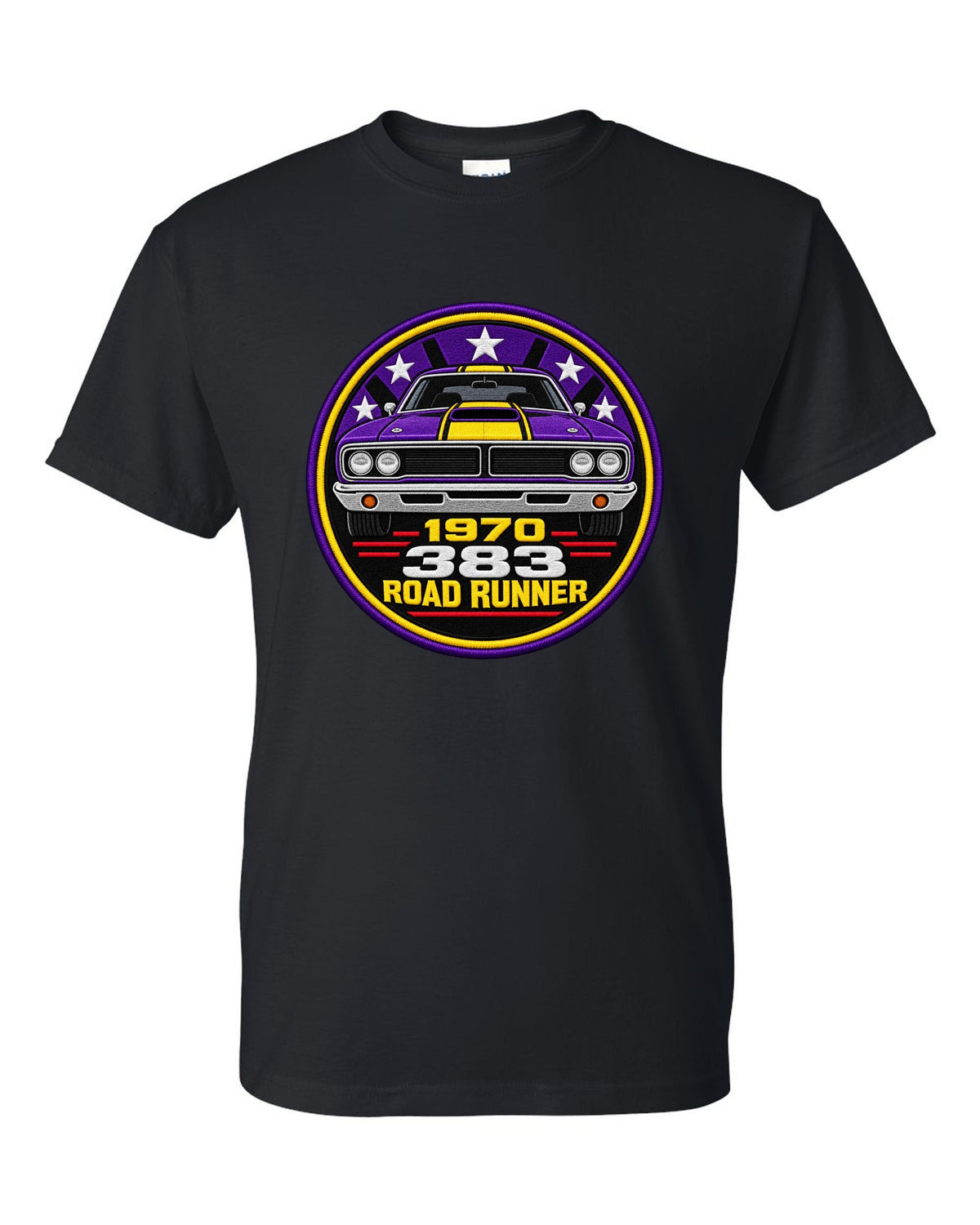 Original round crest print for a 1970 Plymouth Road Runner with 383 lettering black t-shirt front view with the design