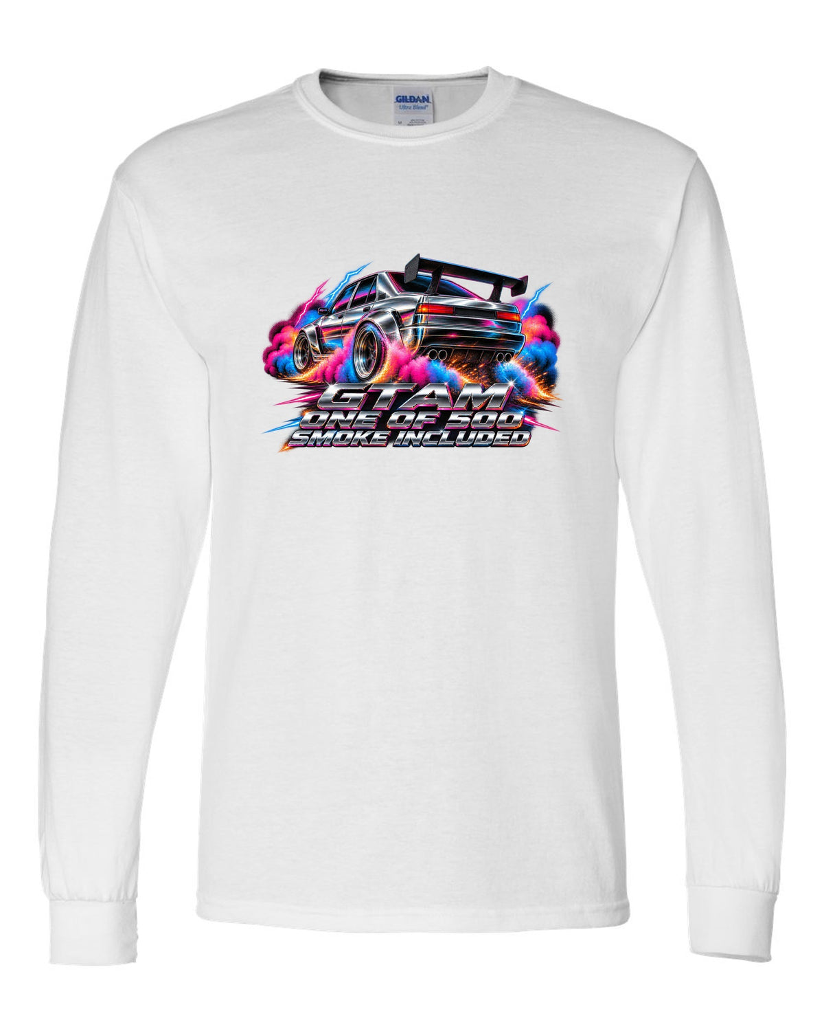 80s airbrush chrome style Alfa Romeo Giulia GTAm with one of 500 smoke included text white long sleeve front view with the design