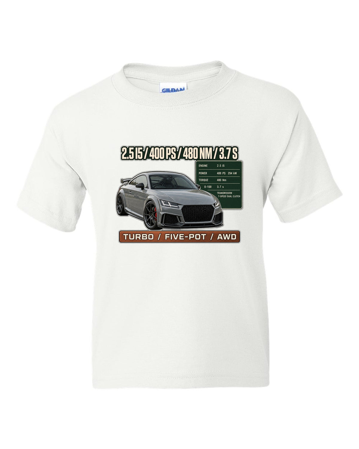 Audi TT RS 8S coupe spec poster print with 400 PS and 480 Nm white kids tee front view with the design