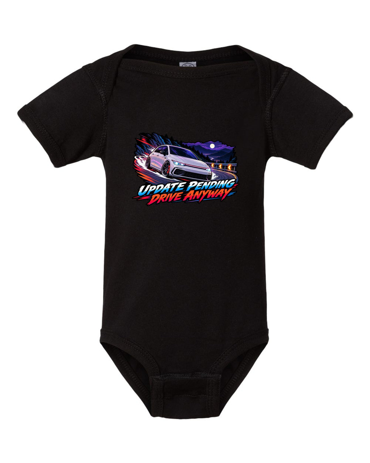 Cel-shaded anime night touge scene of a VW Golf Mk8 GTI with update pending drive anyway text black baby onesie front view with the design