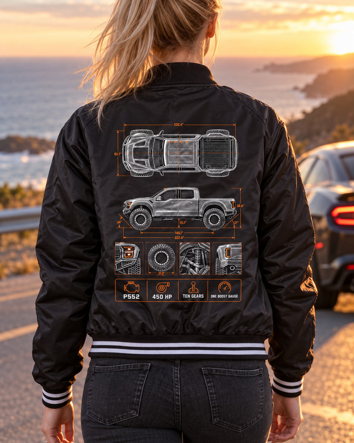 Ford F-150 Raptor Gen 2 P552 Spec Poster Tee, Truck Gift Bomber Jacket Black worn hero