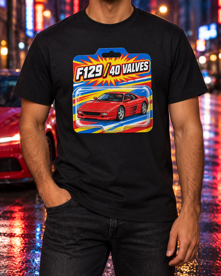 Ferrari F355 F129 Toy Card Shirt, 40 Valve Collector Tee T-Shirt Black worn hero