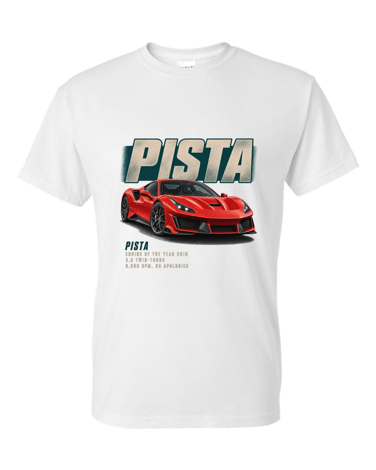 Editorial headline print of a red Ferrari 488 Pista in front three-quarter view white t-shirt front view with the design