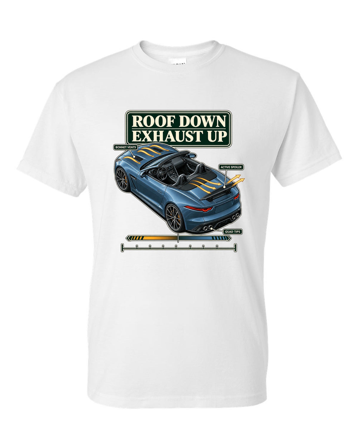 Aero cutaway callout print of the Jaguar F-Type R Convertible with roof down exhaust up text white t-shirt front view with the design