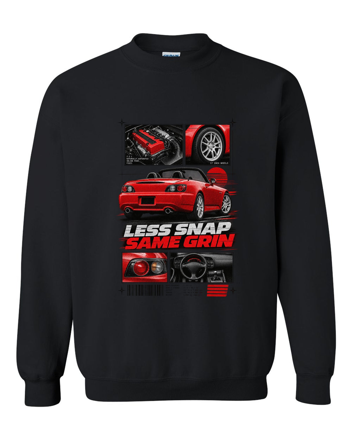 Honda S2000 AP2 roadster dossier panels design with 17 inch wheels less snap same grin text black crewneck front view with the design