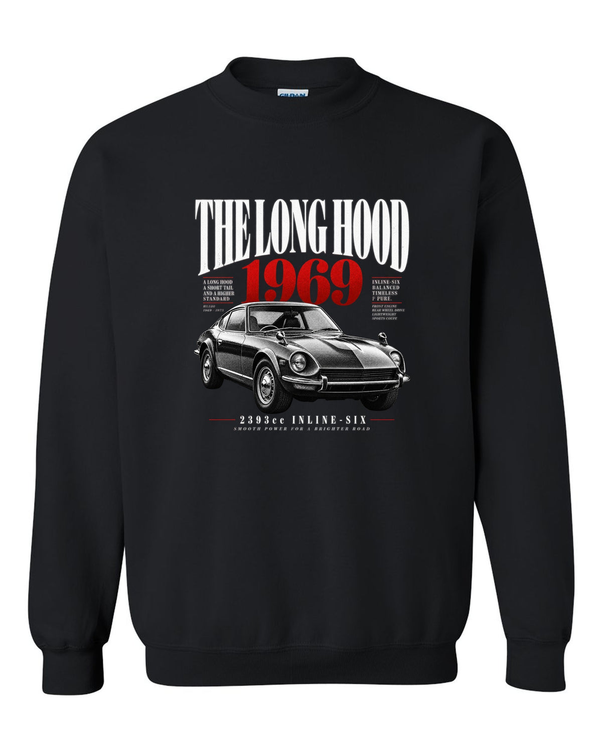 print of a Datsun 240Z HLS30 with editorial headline about the long hood and 2393cc inline-six black crewneck front view with the design