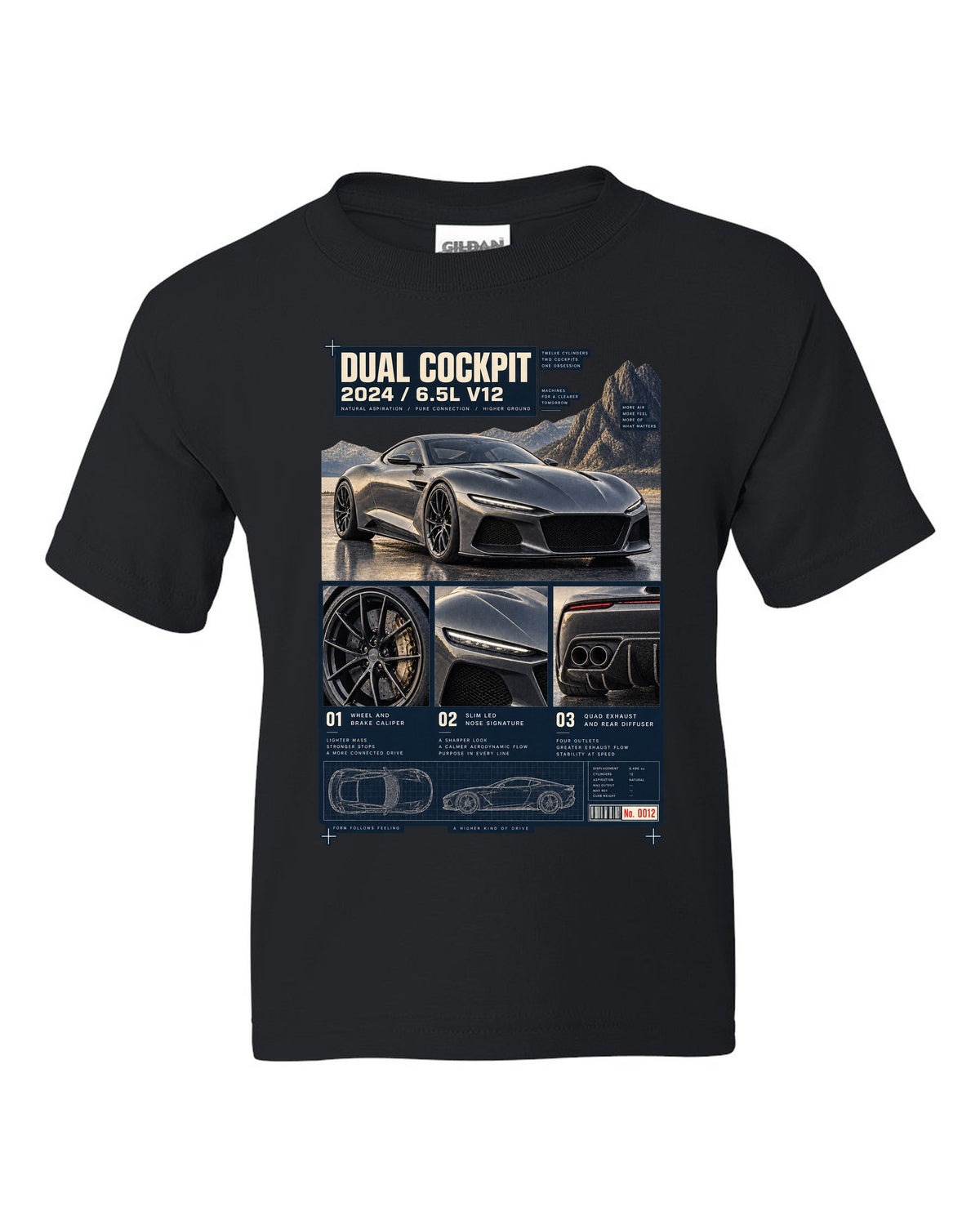 Dossier panel print of the Ferrari 12Cilindri with cockpit and V12 text black kids tee front view with the design