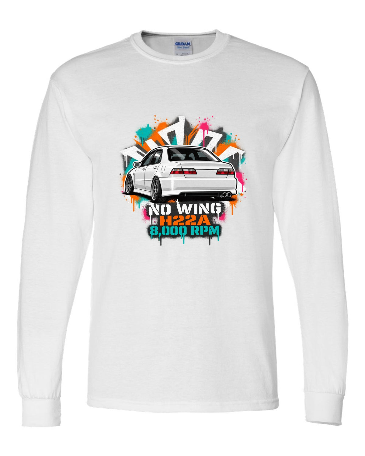 Stencil spray street art print of a Honda Accord Euro R CL1 with no wing H22A 8,000 RPM text white long sleeve front view with the design