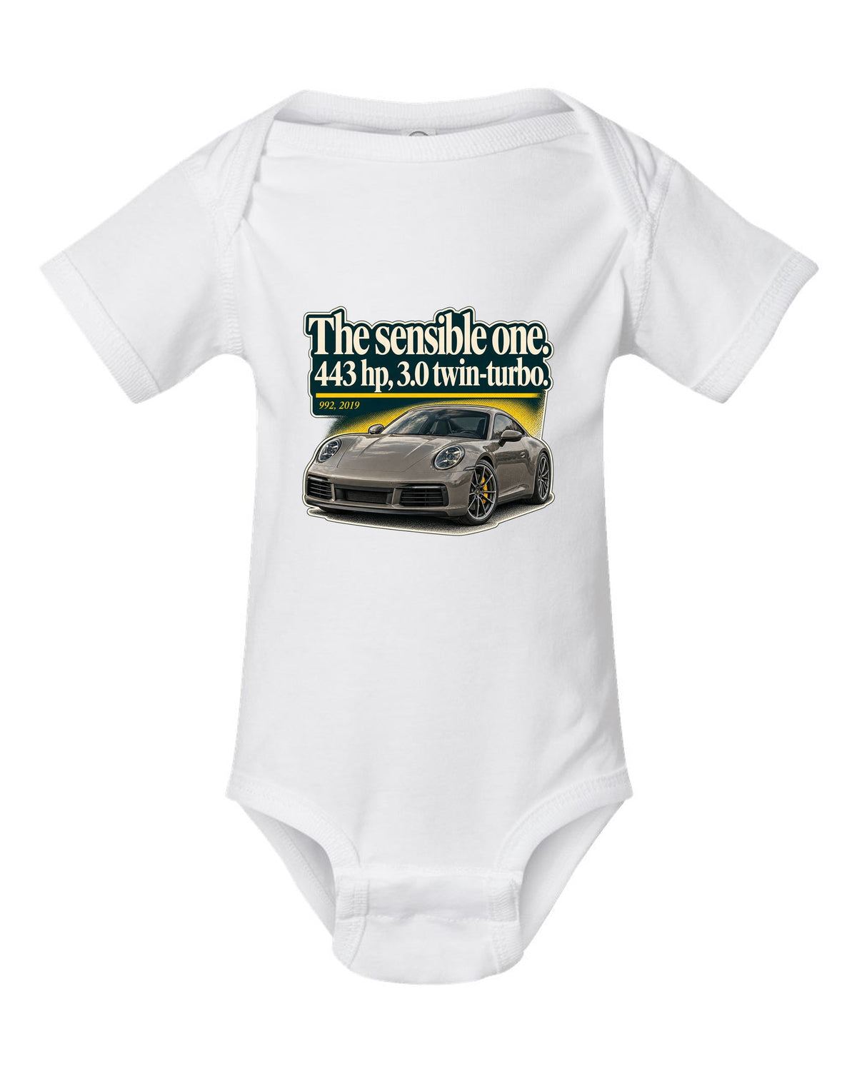 print of a Porsche 992 Carrera S coupe with an editorial headline layout white baby onesie front view with the design