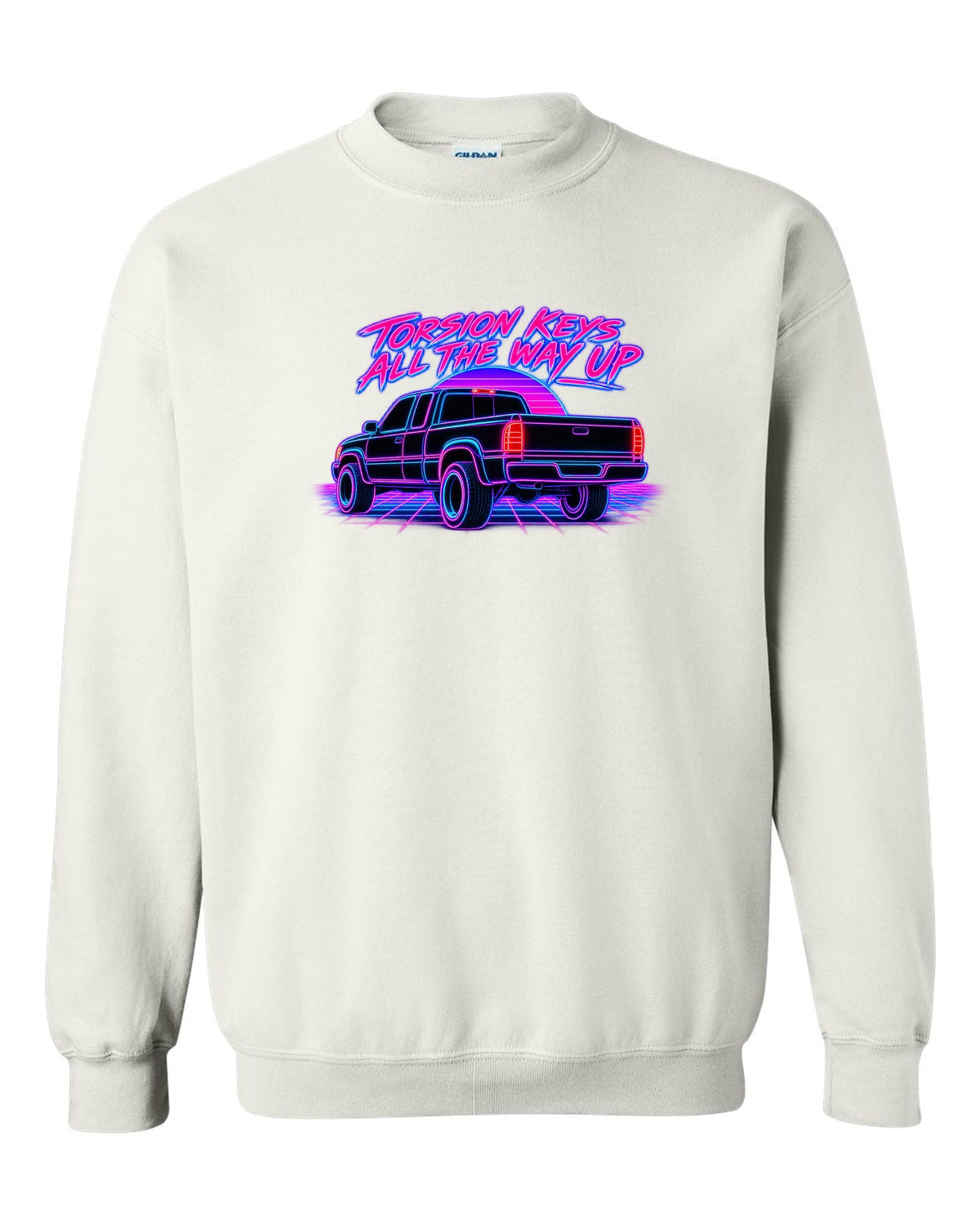 Neon synthwave line print of a 1988-98 Chevrolet GMT400 C1500 OBS extended cab taillight white crewneck front view with the design