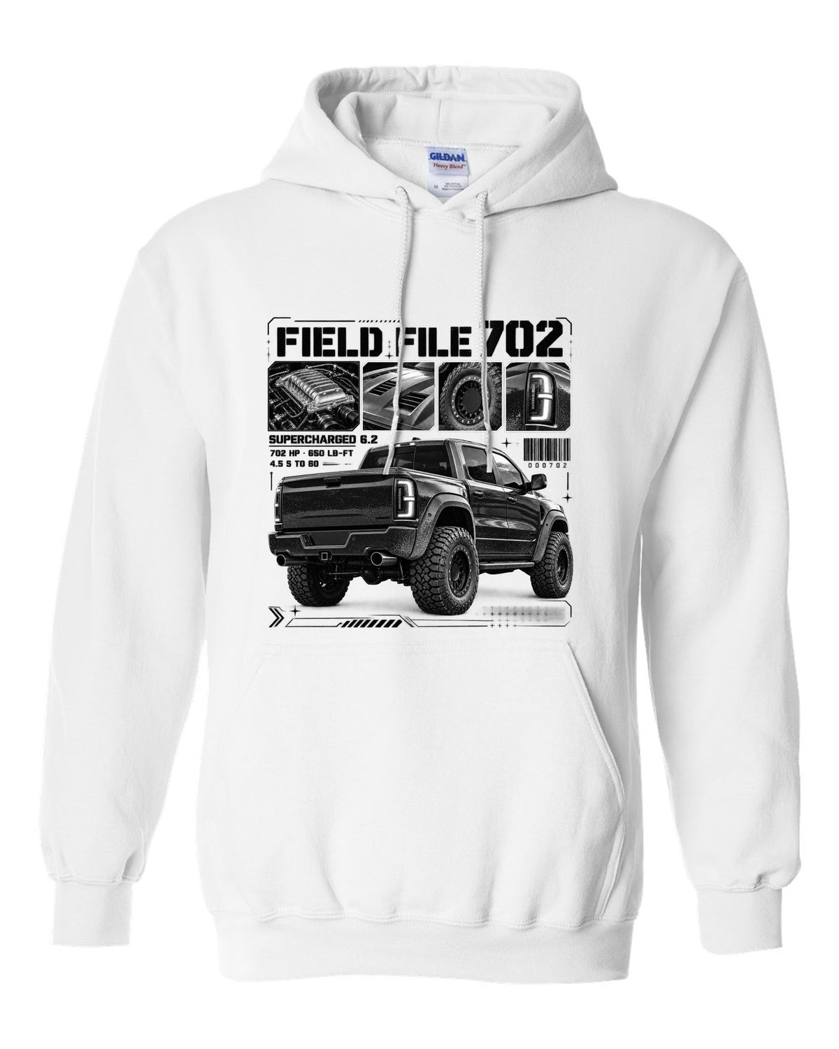 Dossier panels of a 2021-2024 Ram 1500 TRX with Field File 702, supercharged 6.2, 4.5 s to 60 white pull over hoodie front view with the design