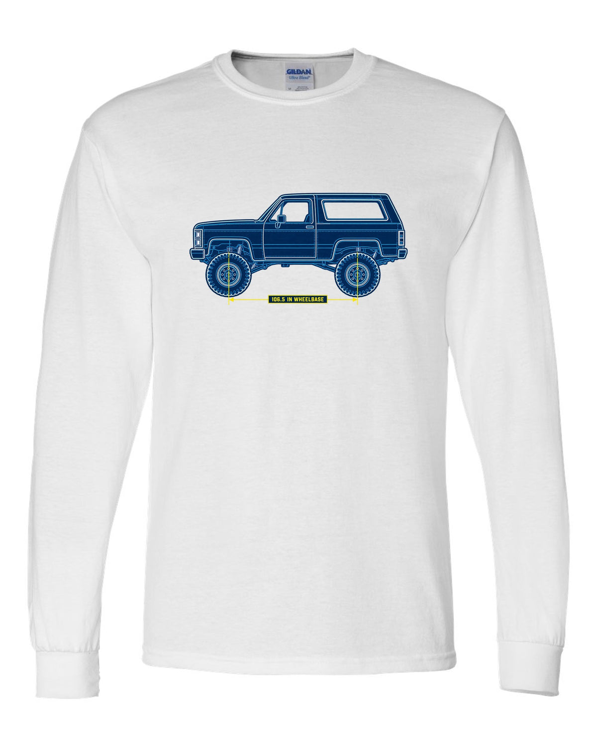 Chevrolet K5 Blazer Blueprint Side View white long sleeve front view with the design
