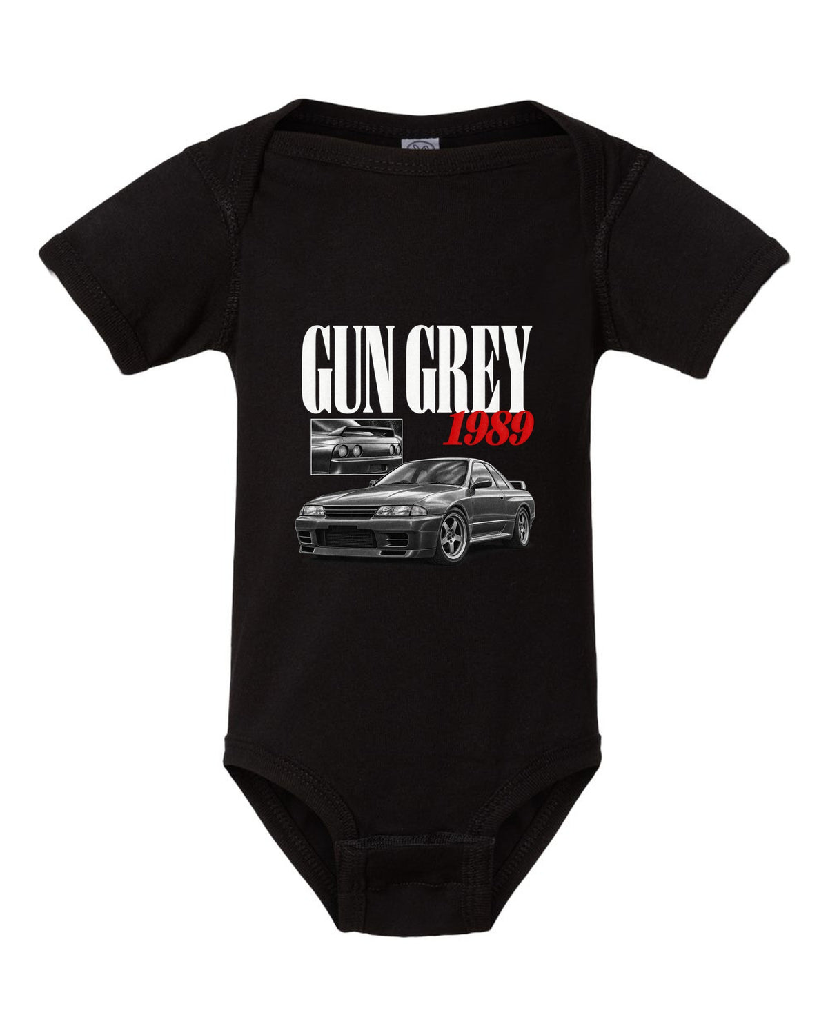 Editorial headline print of a Nissan Skyline GT-R R32 BNR32 in Gun Grey with 1989 text black baby onesie front view with the design