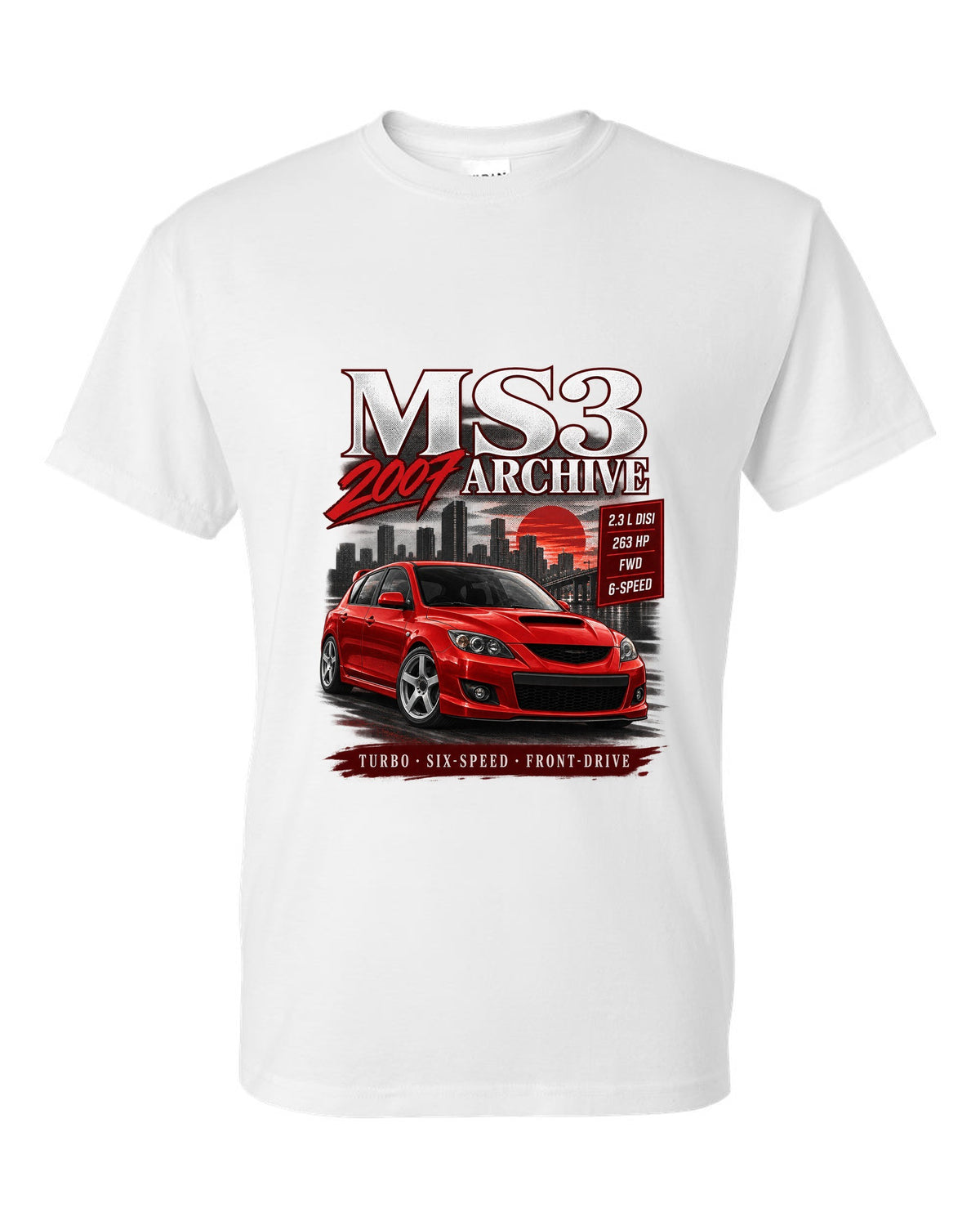 Mazdaspeed3 front three-quarter archive panel with MS3 Archive 2007 heading white t-shirt front view with the design