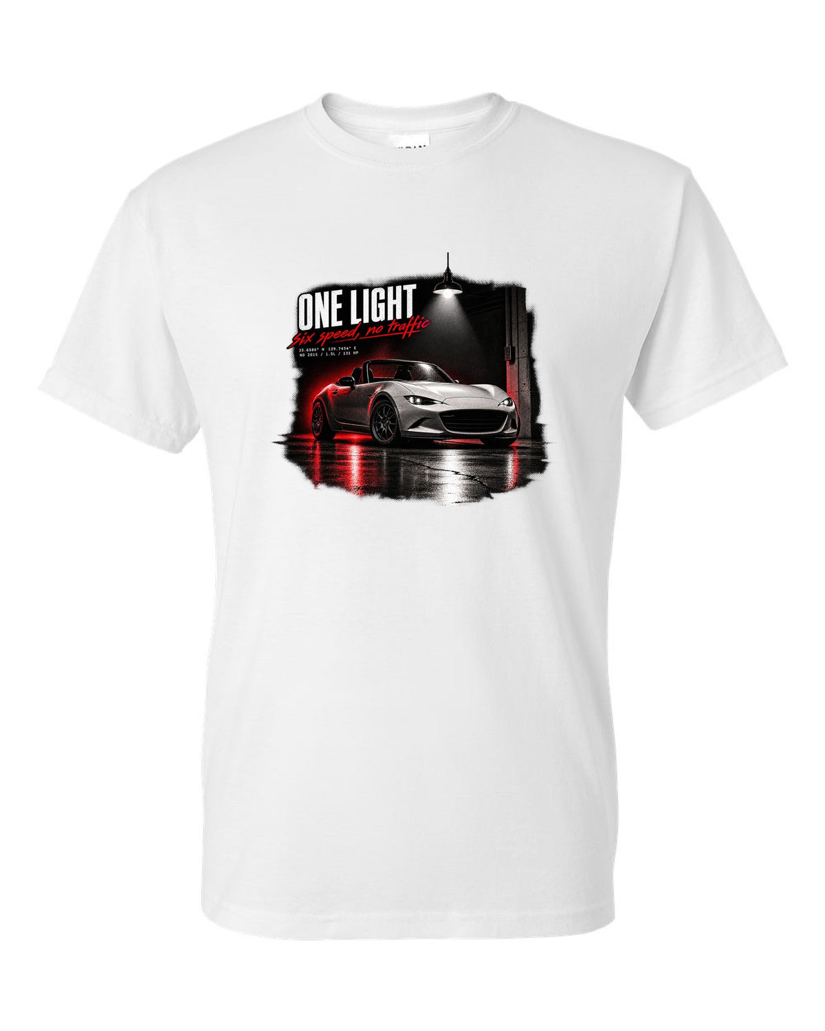 Garage night print for the 2015 Mazda MX-5 ND with 1.5L, 131 HP and six-speed lettering white t-shirt front view with the design