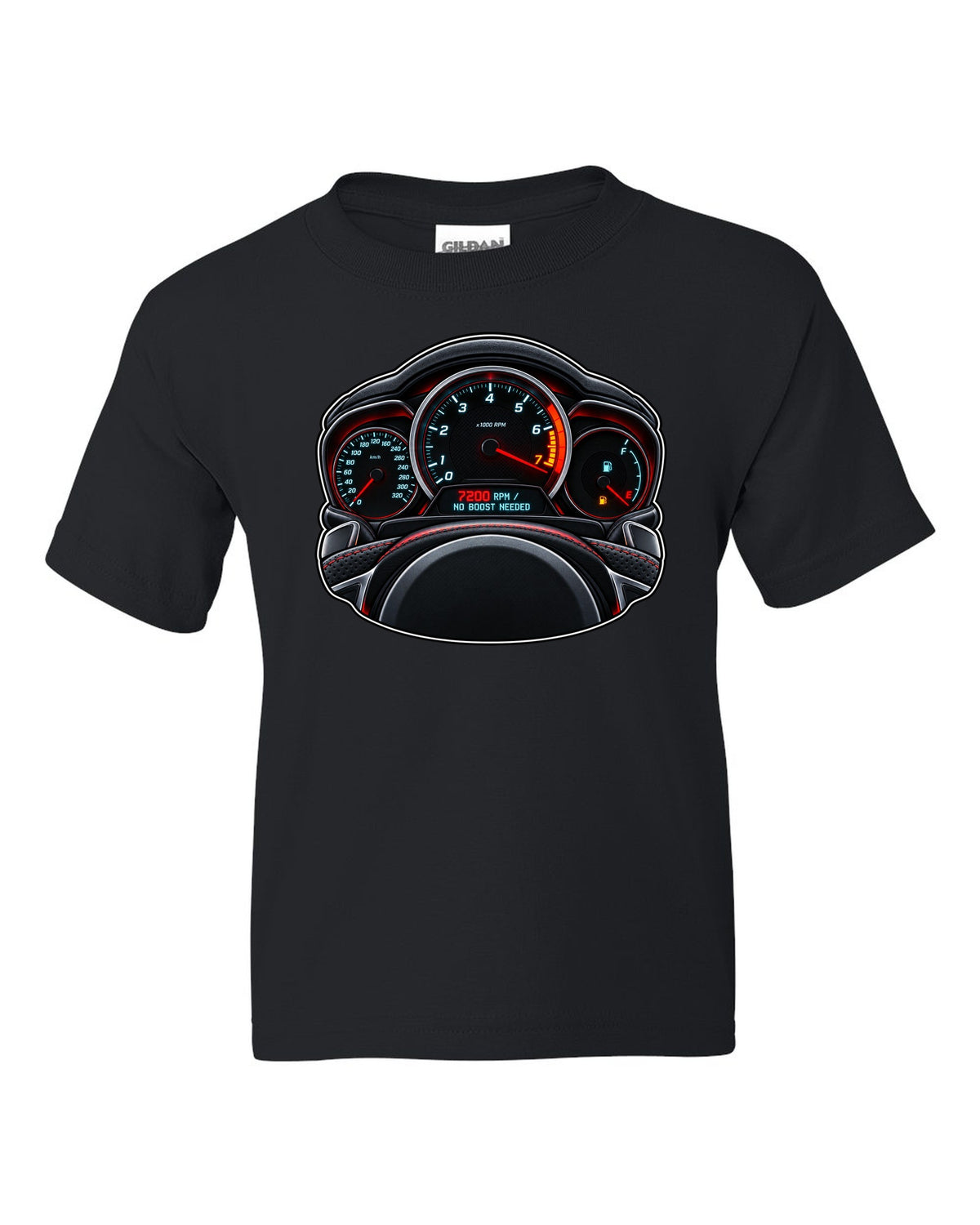 Gauge-cluster HUD print for a Mercedes C63 AMG W204 with 7200 RPM black kids tee front view with the design