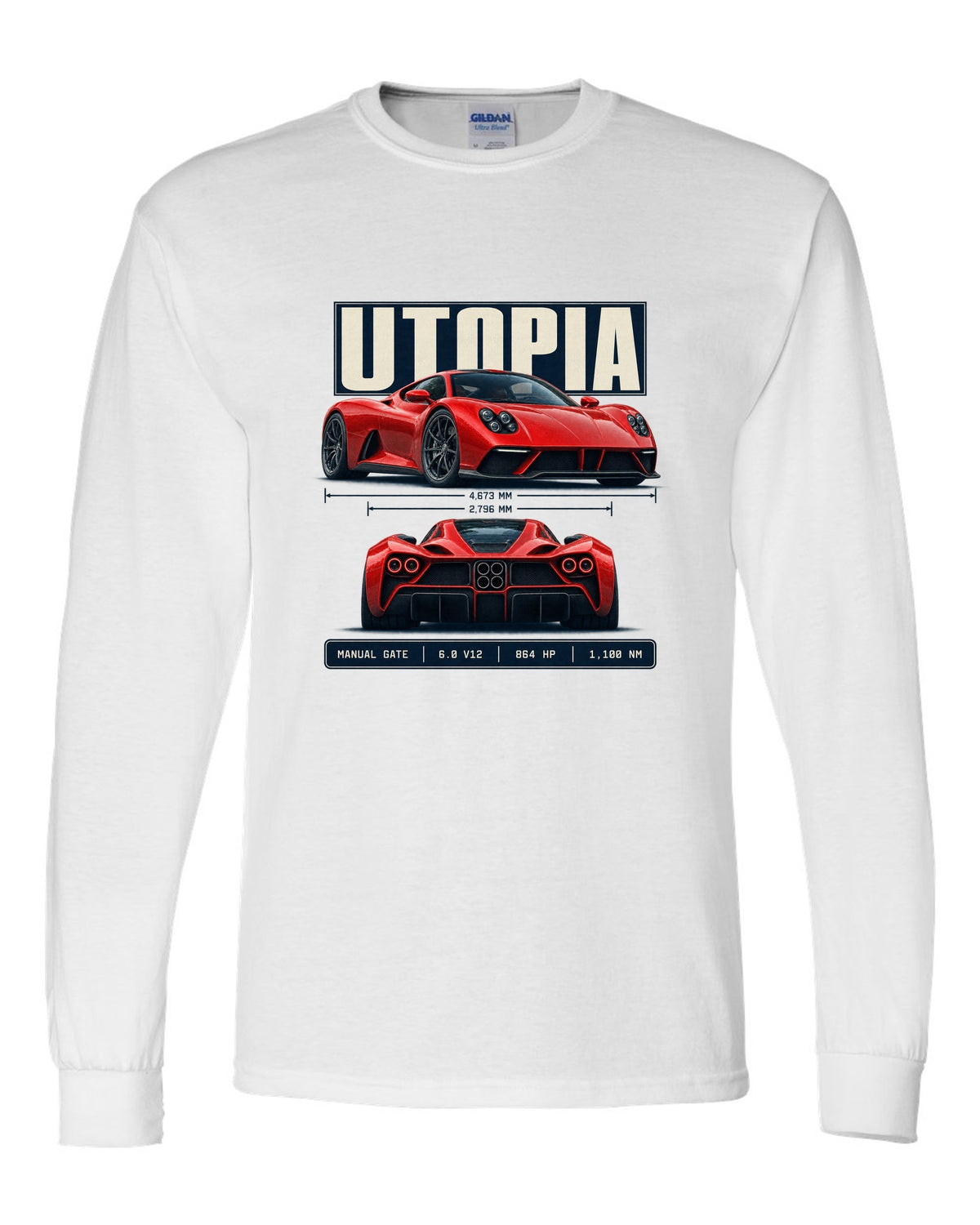 Spec poster print of the Pagani Utopia with the text manual gate, 6.0 V12, 864 hp, 1,100 Nm white long sleeve front view with the design