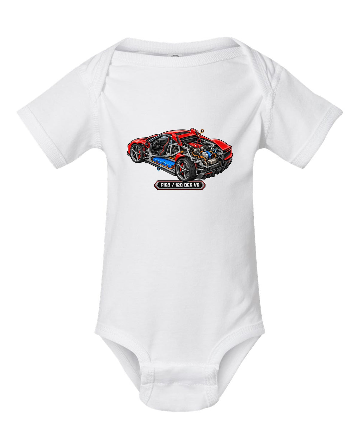 Isometric cutaway diorama of the Ferrari 296 GTB hybrid V6 engine white baby onesie front view with the design