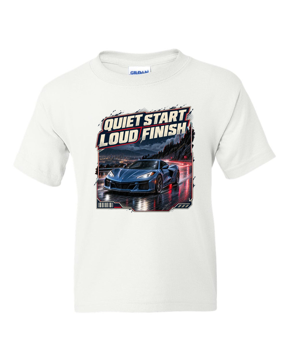 print of a Chevrolet Corvette C8 E-Ray on a wet night street with quiet start, loud finish text white kids tee front view with the design