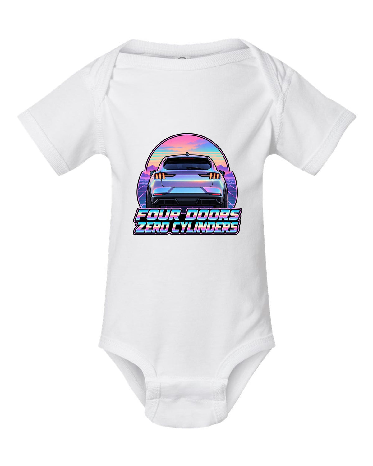 Vaporwave pastel print of a 2021 Ford Mustang Mach-E rear at dusk white baby onesie front view with the design