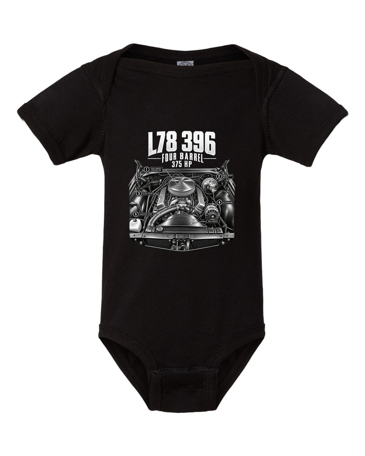 Engine hero print of an L78 396 big block in a 1969 Chevrolet Chevelle SS with 375 hp text black baby onesie front view with the design