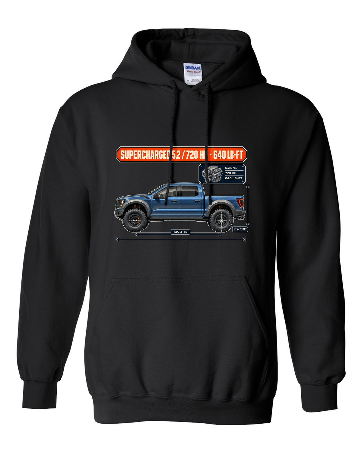 Ford F-150 Raptor R 2023 dimension blueprint print with 720 HP spec black pull over hoodie front view with the design