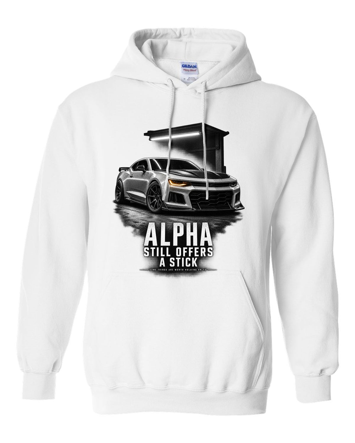 Garage-night print of a 2018 Chevrolet Camaro SS 1LE sixth-gen front three-quarter with Alpha text white pull over hoodie front view with the design