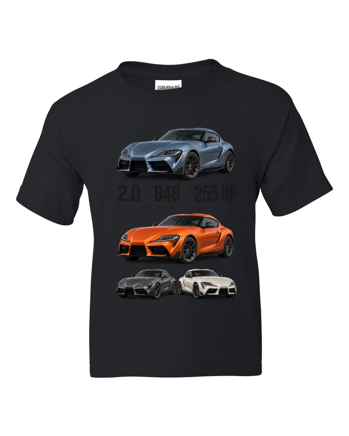 Steel blue Toyota GR Supra 2.0 spec poster with B48 and 255 HP text black kids tee front view with the design