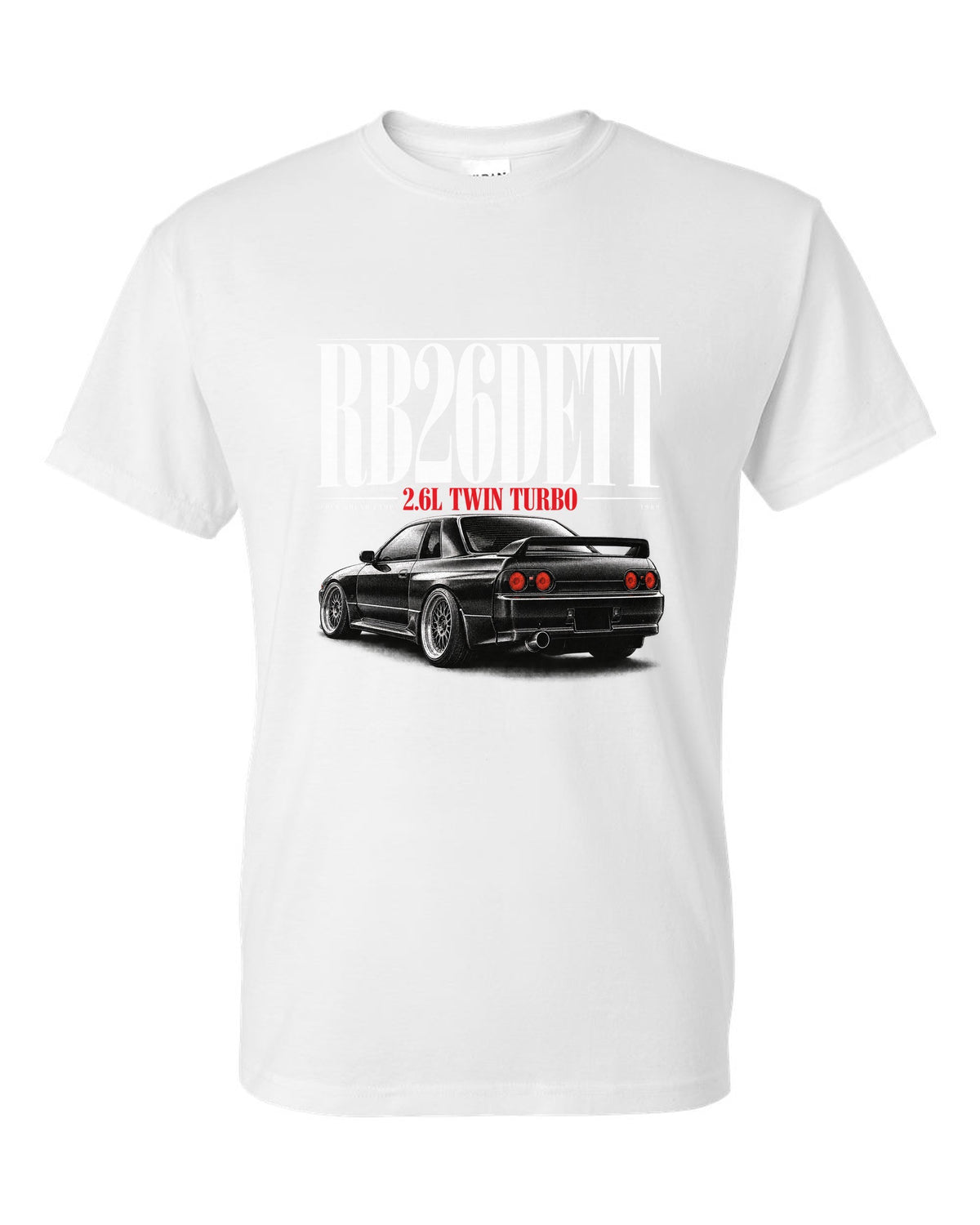Editorial headline print of a Nissan Skyline GT-R R32 BNR32 with RB26DETT text white t-shirt front view with the design