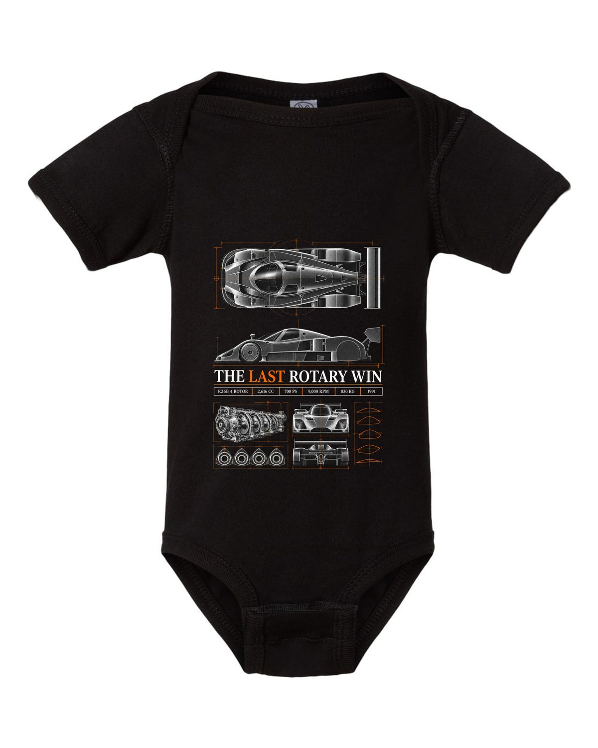 Spec poster print for the 1991 Mazda 787B with R26B four-rotor, 700 PS and 830 kg figures black baby onesie front view with the design